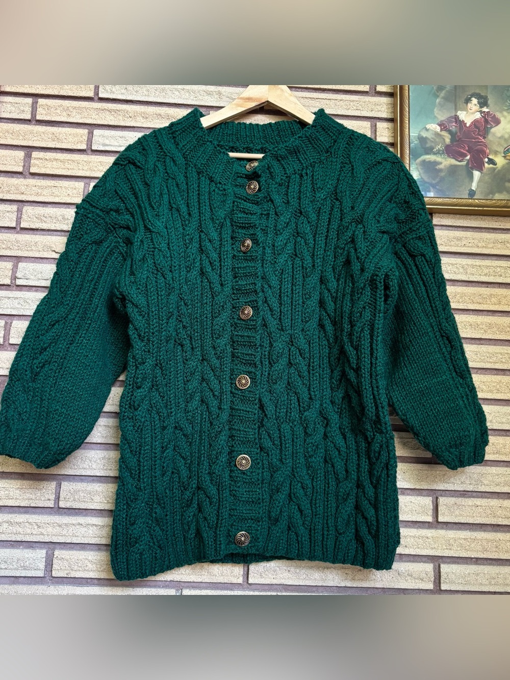 Hand Knit Forest Green Cable Knit Cardigan Sweater - Unisex - Size 8 - Chunky